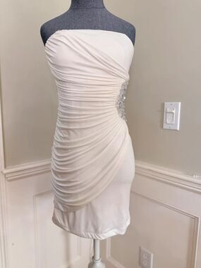 DEB White Strapless Ruched Rhinestone Y2K Mini Dress Size SMALL